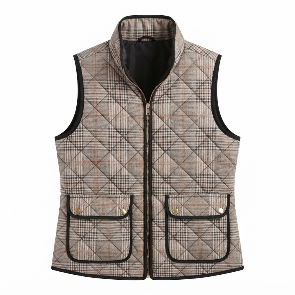British Khaki Womens Large Plaid Quilted Vest Tan Brown Full Zip Equestrian - CJ